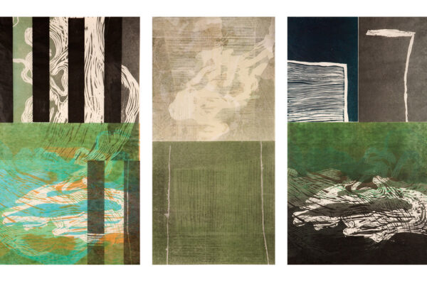 Enclosure and the river triptych, woodcut and linocut on handmade Chinese paper, 120 x 60 cm each image, unique state prints, 2014.